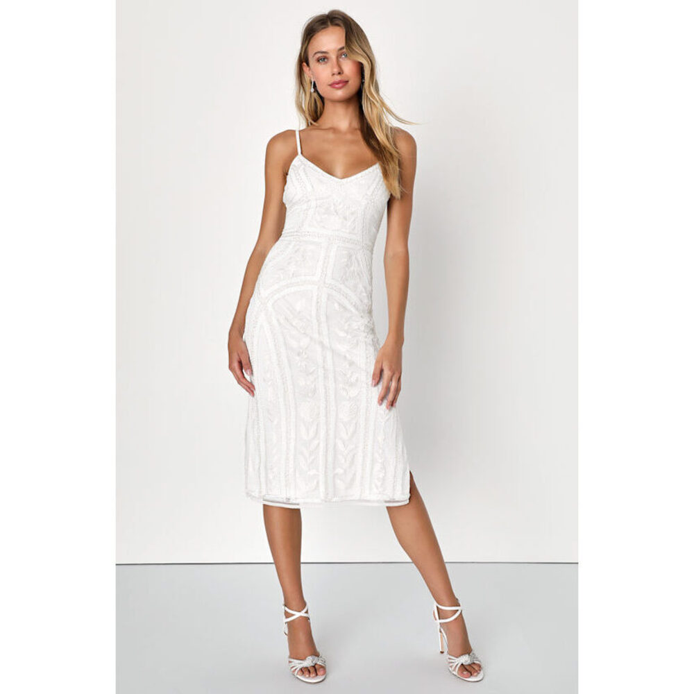 Lulus Alluring Interest White Sequin Embroidered Sleeveless Midi Dress - Size S